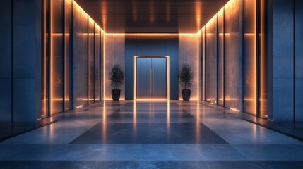 Modern Hallway Interior with Warm Lighting and Marble Floor