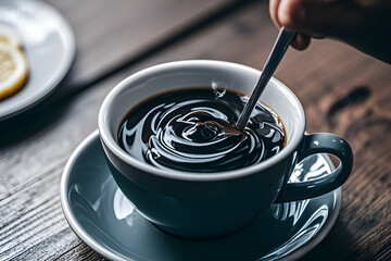 hand stirring black coffee in a cup on a wooden table ai generated