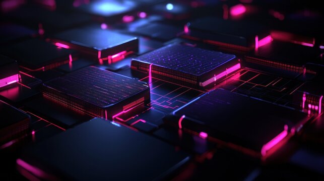 Futuristic circuit boards, glowing in vibrant colors,  complex network,  technology concept