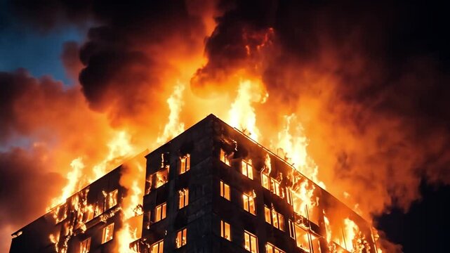A dramatic scene of a multi-story building engulfed in flames against a dark, smoky sky