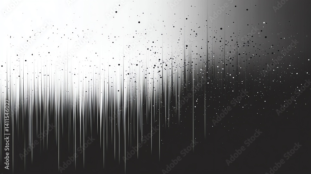Poster striking black and white abstract art with vertical lines and scattered dots creates a digital glitc