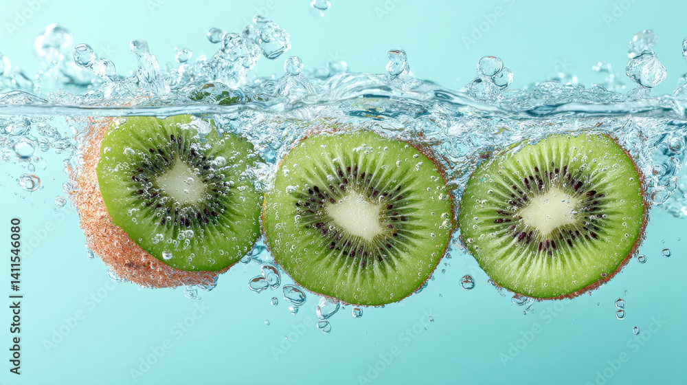 Poster fresh kiwi fruit slices splashing in clear water, creating refreshing and vibrant scene