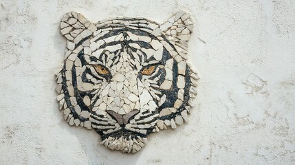 Intricate mosaic tiger head adorns a light-colored wall.