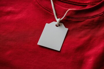 Close-up of a blank price tag on a vibrant red shirt, highlighting texture and color