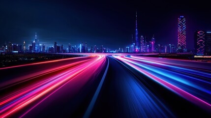 Night city highway with vibrant light trails