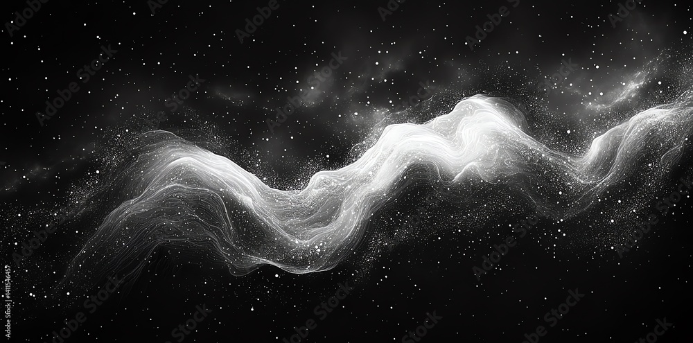 Poster a swirling white nebula floats in a dark space filled with tiny stars creating a dreamy cosmic scene