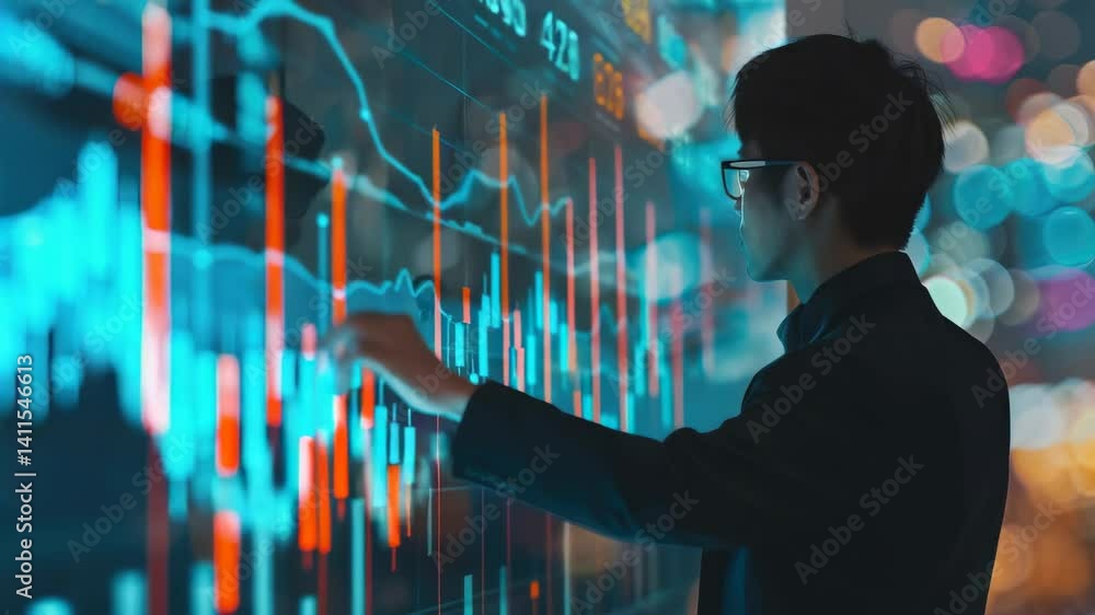Poster an asian man in a suit using a large touch screen to analyze financial data and charts with an empha