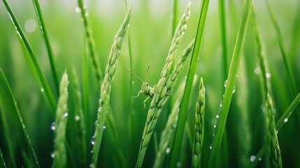 A small grasshopper perched among green stalks and foliage