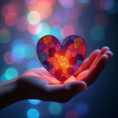 Young woman's hand holding a multi-colored heart