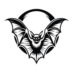 Scary Bat Silhouette with Extended Wings, Sharp Claws and Fangs on White Background