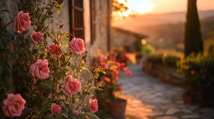 Coussins décoratifs Roses Climbing Stone Building at Golden Hour in Tuscan Countryside