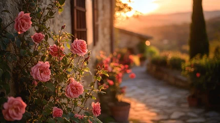 Papier peint photo intissé Roses Climbing Stone Building at Golden Hour in Tuscan Countryside