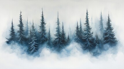 Fototapeta premium Blue Coniferous Forest in Foggy Winter Landscape