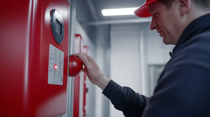 Fire safety technician inspecting and testing a fire alarm system. Featuring fire safety checks