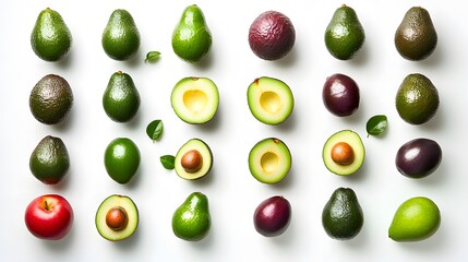 Avocados with red apple, and flat lay.