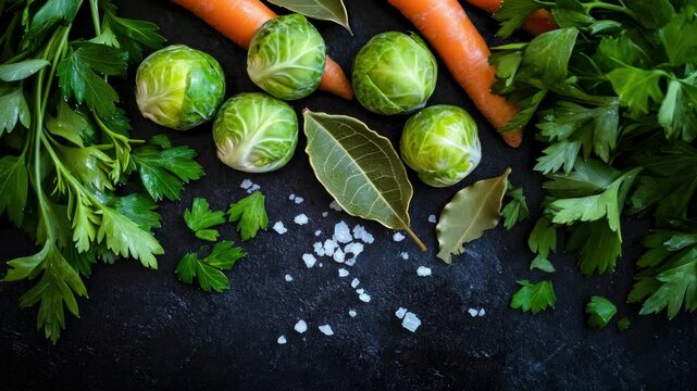 Vibrant vegetables on a plate, including brussels sprouts and carrots, with garlic for seasoning.
