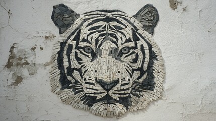 A mosaic tiger head adorns a weathered wall.