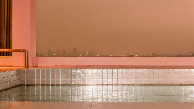 Modern rooftop infinity pool with silver tiled lining overlooking city skyline at dusk