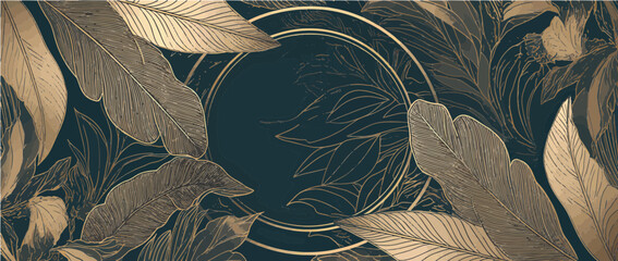 Golden Leaf Frame on Dark Floral Background or Wallpaper