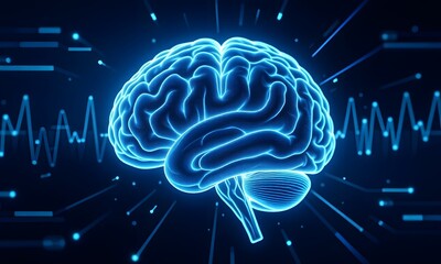 Brain image with wave forms in background.