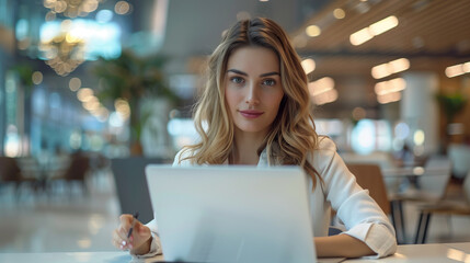 Pensive female helpdesk service agent working on computer at call center. Call center, young woman and smile . Customer service consultant.