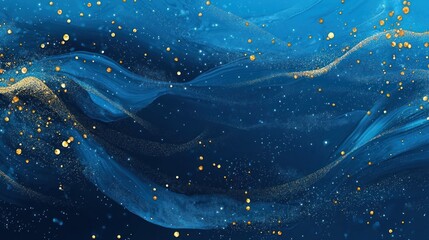 Abstract blue and gold flowing design with glitter