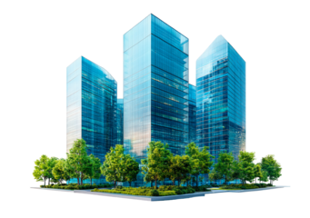 Modern skyline with skyscrapers and green trees isolated on transparent background