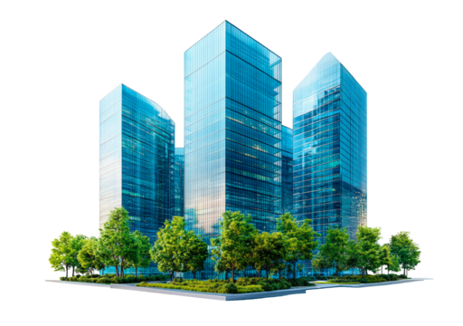 Modern skyline with skyscrapers and green trees isolated on transparent background - Powered by Adobe