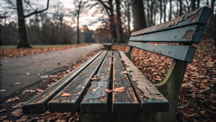 Fototapeta premium Damaged park bench with cracked slat and peeling paint autumn leaves outdoor scene low angle urban environment