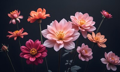 Bright flowers in different colors on dark background.