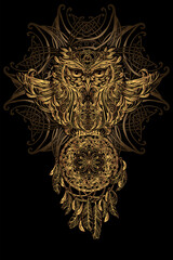 Intricate golden owl illustration with mandala and dreamcatcher elements. Mystical tribal vector art on black background, perfect for tattoos, boho decor, and spiritual designs