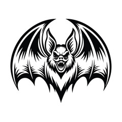 Silhouette of a Cartoon Bat with Spread Wings Isolated on White Background