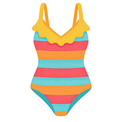 A colorful, striped one-piece swimsuit featuring a ruffled neckline and vibrant hues of blue, orange, and pink.