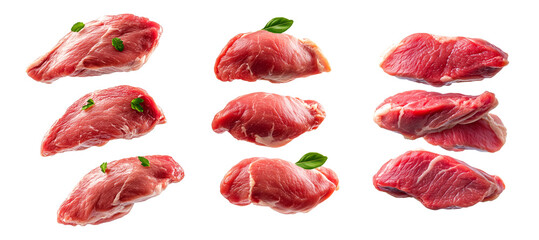 Set of pieces of fresh Chicken breast cut, isolated on white background, showcasing culinary concept.