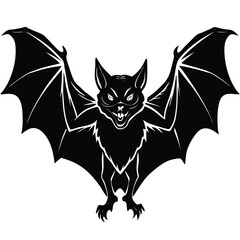 Detailed Black Bat with Spread Wings and Sharp Claws on Plain White Background