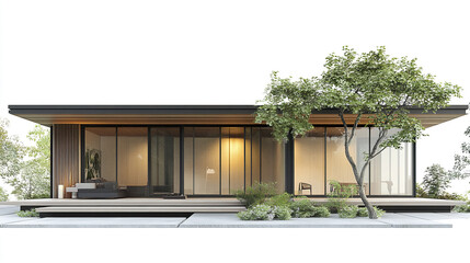 Fototapeta premium Modern house exterior with large glass windows and tree in front
