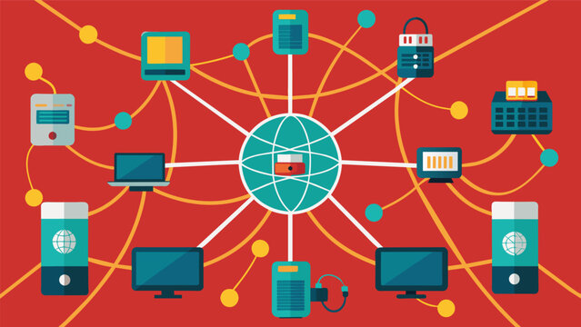 A tangled web of wires cables and servers connecting telecommunication devices and facilitating the exchange of information.. Vector illustration