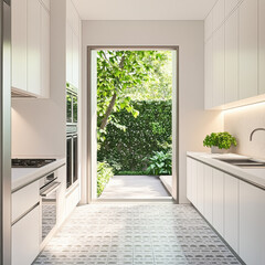 Modern Minimalist Kitchen with Garden View into Bright Nature
