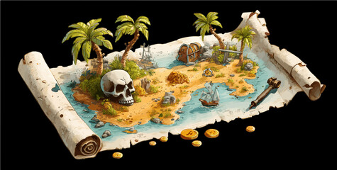  Pirate Treasure Map with Skull and Hidden Island