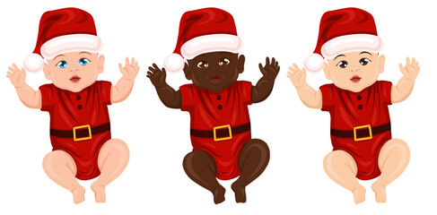 Vector set of babies of different nationalities in santa costume. Festive collection of kids in holiday costumes