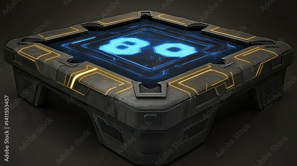 Poster a futuristic square table with illuminated digital display elements