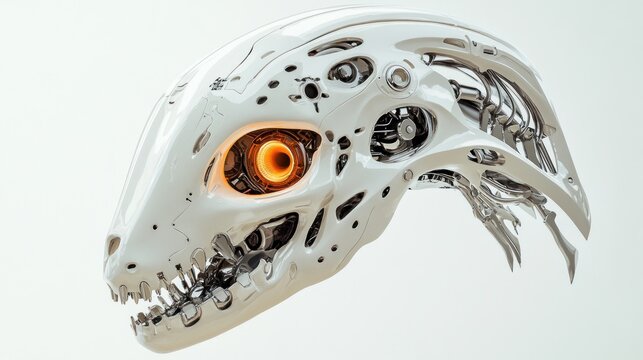Futuristic robotic head, resembling a reptile, with intricate mechanical details and glowing eye
