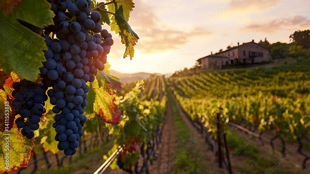 Aufkleber a vineyard at sunset with ripe grape clusters in the foreground and a house visible in the backgroun
