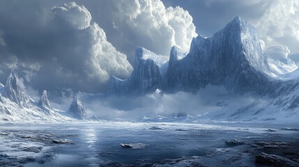 Fototapeta premium A snowy landscape with a large mountain in the background