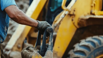 Construction worker operating backhoe. Outdoor construction site