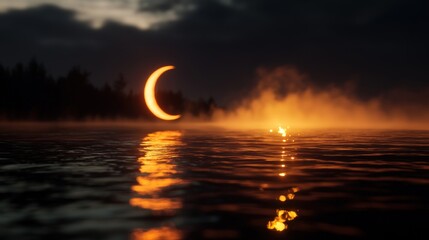 Crescent moon over misty lake at night