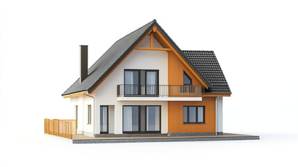 Modern house with orange accents and balcony, isolated on white background