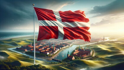 A stunning aerial view of a Danish city with the national flag waving prominently, symbolizing pride and heritage. This image captures Denmark's charm and landscape.