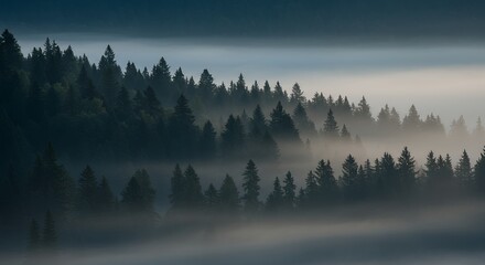 Misty Mountain Pines: Serene Dawn in a Coniferous Forest