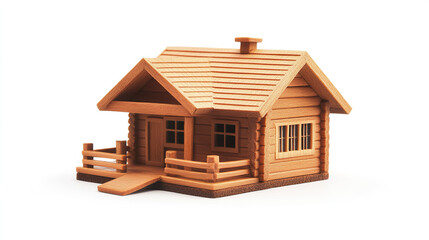 small wooden house model with ramp and porch on white background